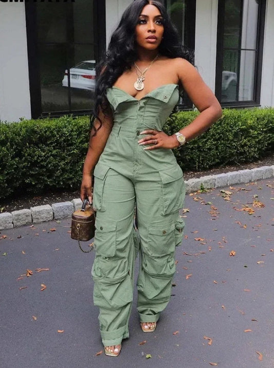 Fashion Women Strapless Button Front Ruched Cargo Jumpsuit 2023 Autumn Sexy Party Street Playsuit One Piece Suit Romper